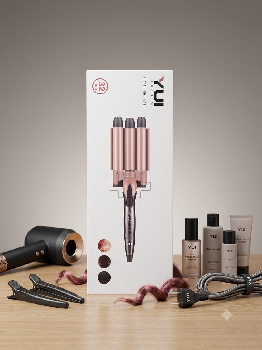 YUI Digital Hair Curler 32mm 3 silindirli dalga maşası kutu rose gold